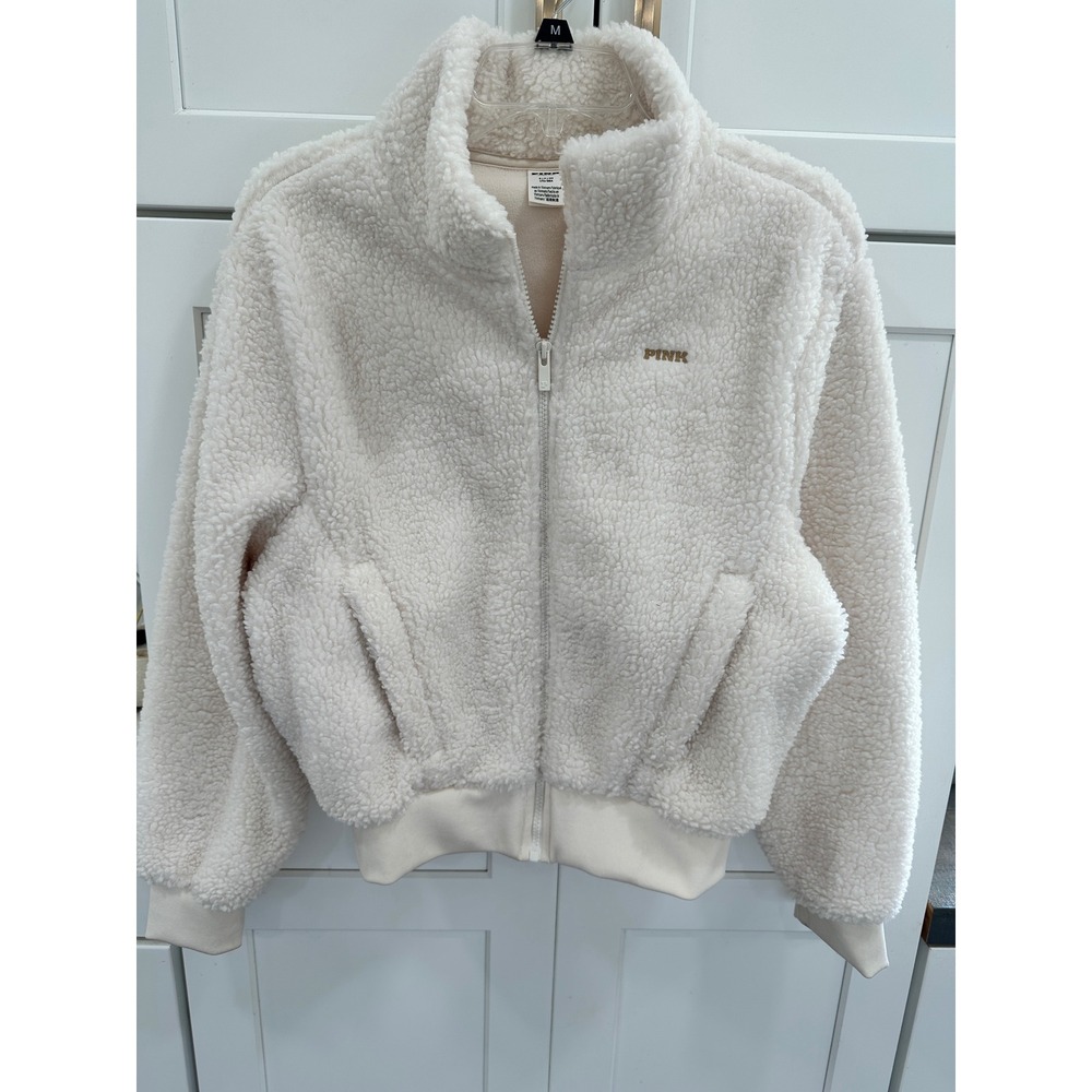 Victoria's Secret PINK Sherpa‎ Bomber Full Zip Jacket Cream Fleece Small